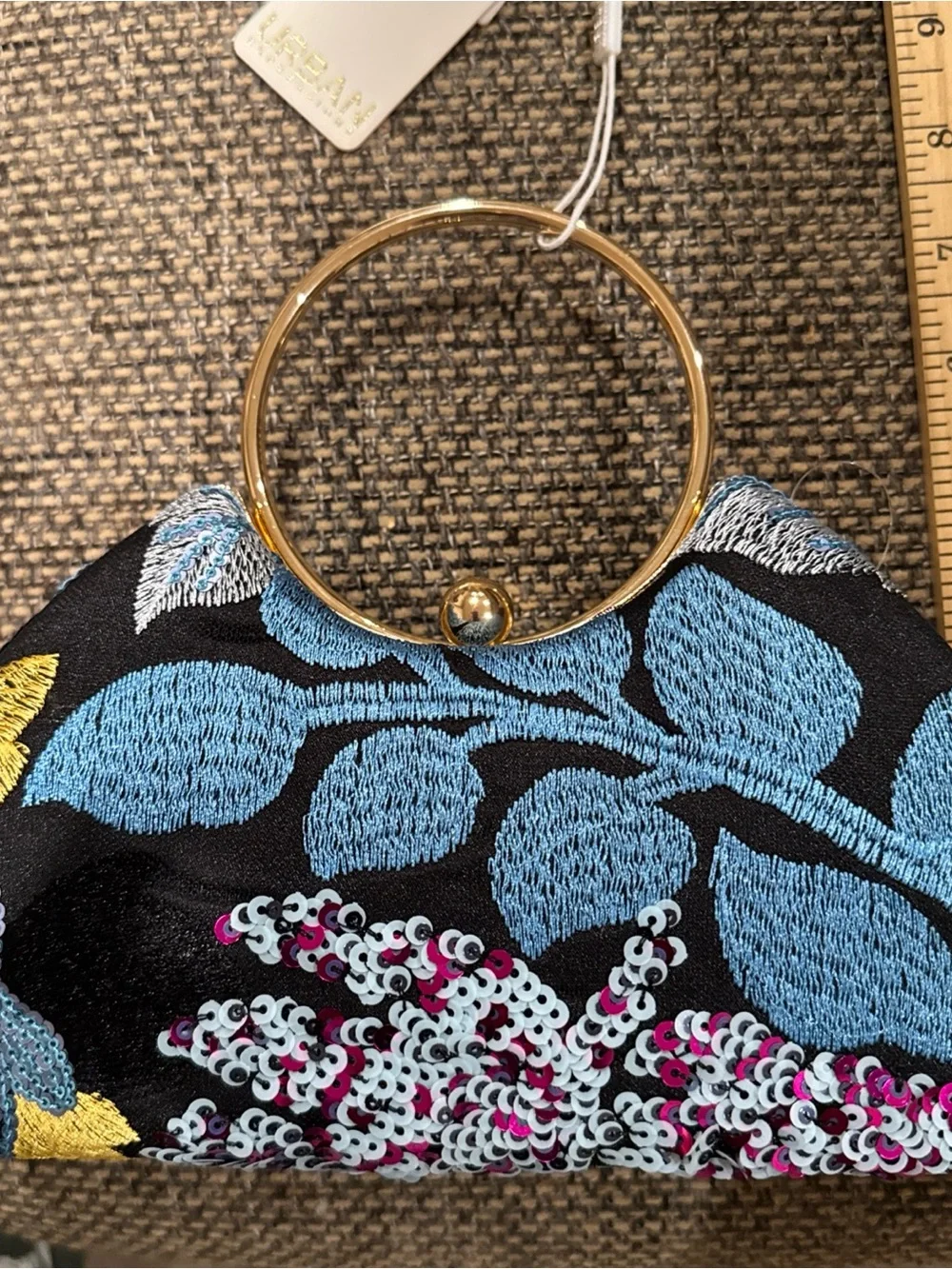 Urban Expressions Beaded Sequin Bag Brass Handle Blue Floral Kiss Lock